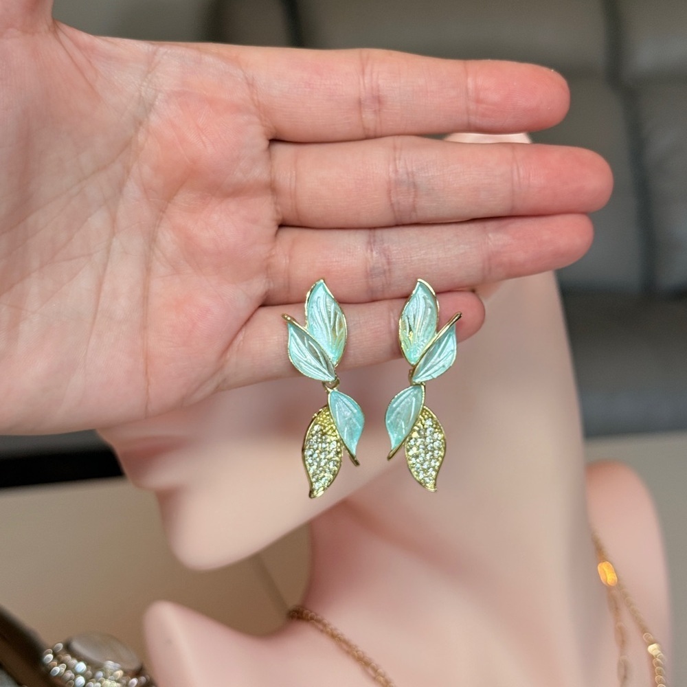 Gold Aqua Leaf Drop Earrings with Crystals - Picture 9 of 10